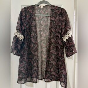 Sheer Paisley Kimono with Crochet Trim - Black & Burgundy